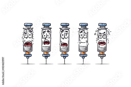 Cartoon Syringe Icon Set with Different Expressions s fix isolated