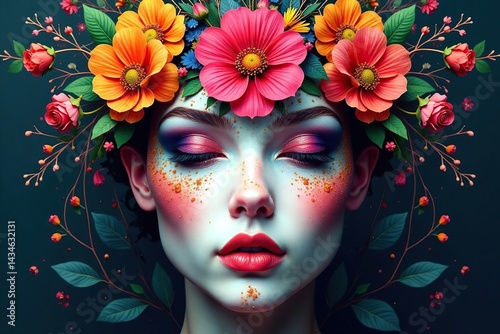 Symmetrical floral motif arranged in a facial formation , stock, design, beauty