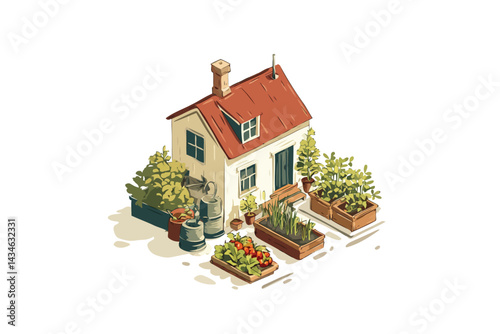 Isometric House with Outdoor Garden natural isolated isolated