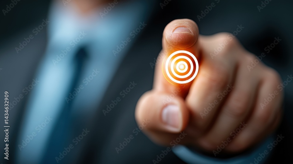 A businessman focuses on a target icon, symbolizing strategy and sustainable future in finance, leadership, and goals.