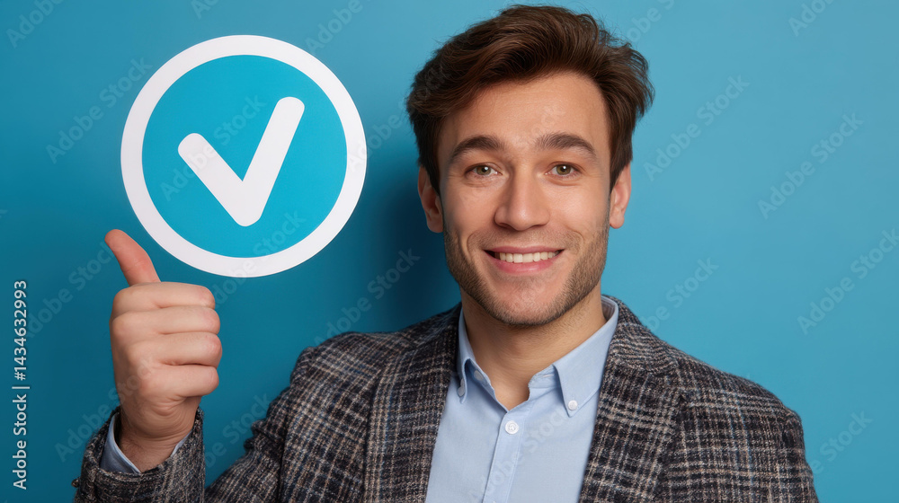 A businessman marks a symbol on a circle against a blue backdrop, representing success and strategic planning.