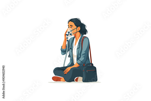 Sick woman inhalation with nebulizer for respiration breathing isolated