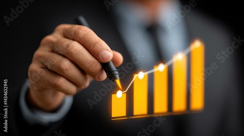 Businessman examines growth plans using digital charts, highlighting key positive indicators for strategic success.