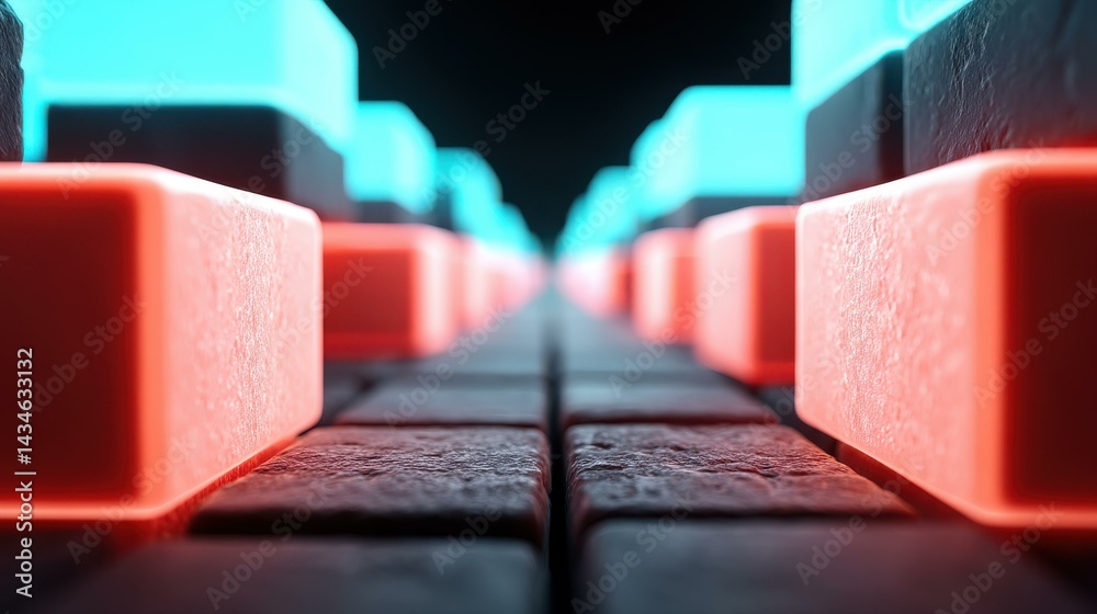 Futuristic digital wall brimming with vibrant blue and red lights, showcasing advanced tech and design in a cyberspace setting.