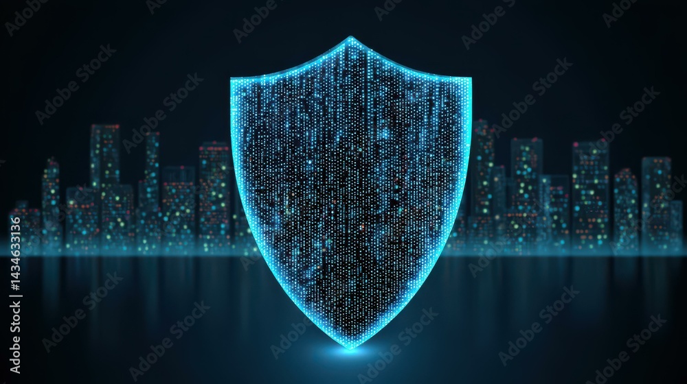 Envision a digital city fortified by a cybersecurity shield, representing safety and crime prevention in a tech world.