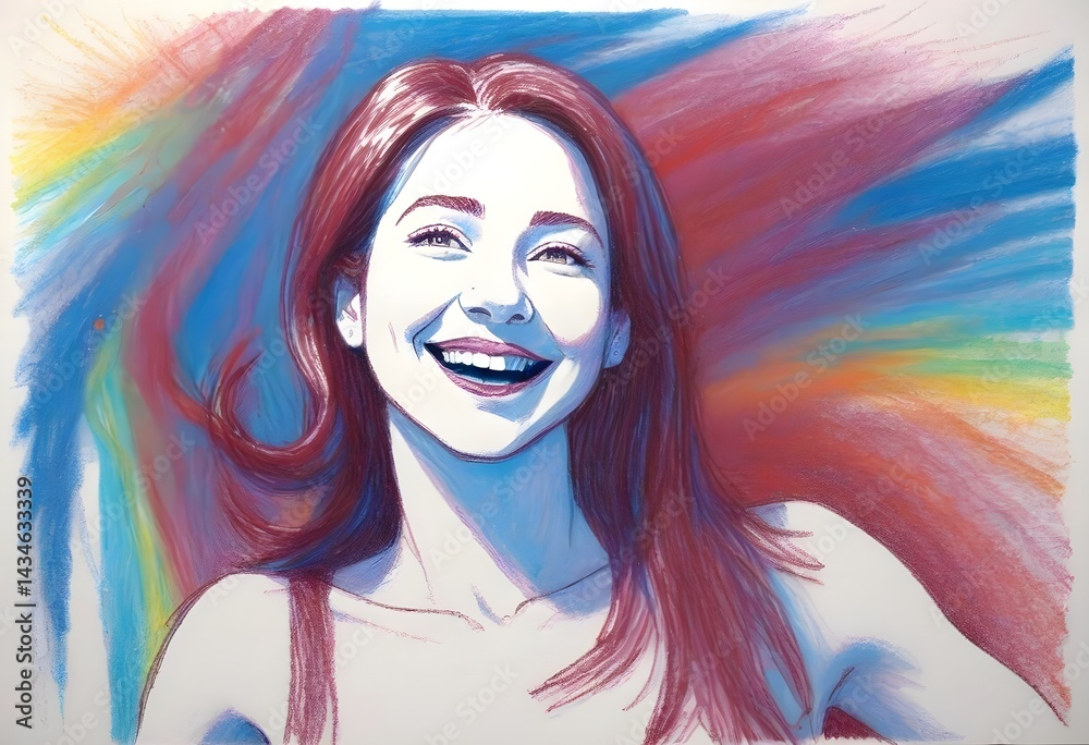 Obraz premium Color Pencil Drawing of Young Woman with Bright Smile and Flowing Hair – Whimsical and Joyful Artistic Style