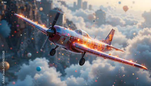 
This stunning AI-generated image showcases a vibrant airplane soaring through a sky filled with clouds, where vivid colors and light effects blend with a magical environment, highlightin