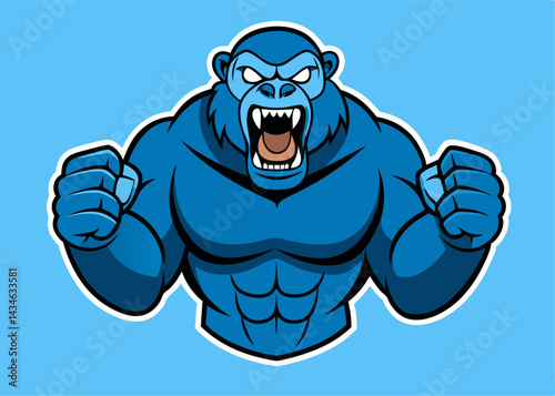 Powerful Gorilla's Roar: A robust gorilla in vibrant blue showcases intense emotion through a wide-open mouth and raised fists, making a formidable statement.