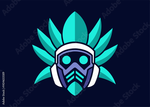 Geometric Astronaut Symbol on dark background: An intriguing illustration showcases a stylized astronaut figure, seamlessly integrated with an abstract leaf element. The design.