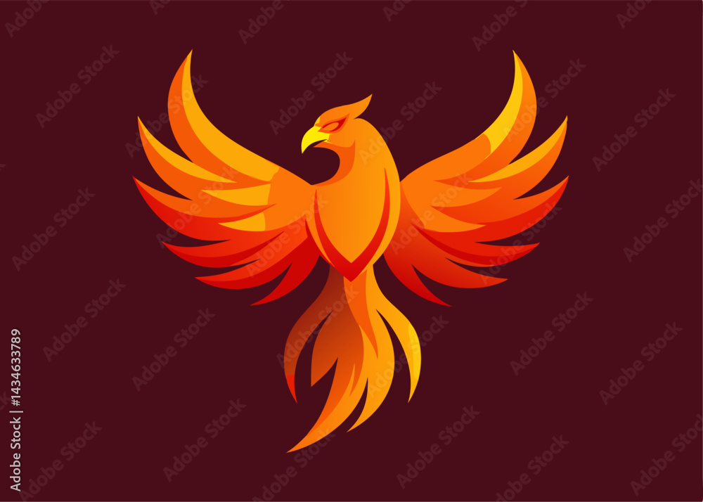 Fototapeta premium Fiery Phoenix Icon: The illustration of a majestic phoenix ablaze in vibrant hues of orange and gold against a deep red backdrop, symbolizing rebirth and renewal.
