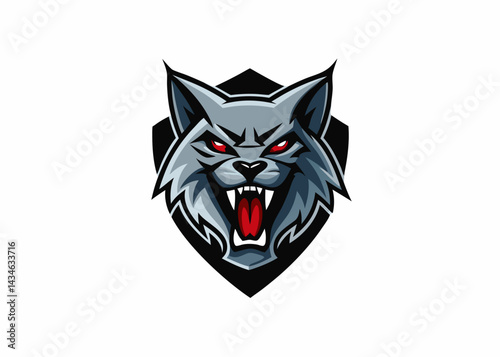 Fearsome Wolf Mascot: An illustrated embodiment of wilderness, strength and intimidation featuring a detailed, snarling wolf head emblem, set against a sleek, shield-like background.