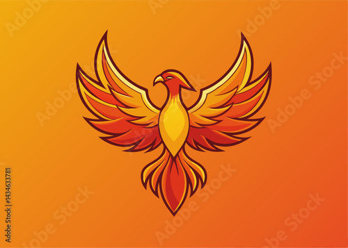 Phoenix in Flight: A vibrant, stylized depiction of a phoenix soaring, its wings outstretched, set against a gradient background of fiery hues, symbolizing rebirth and transformation. 