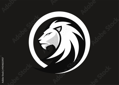 Majestic Lion Emblem: A regal lion emblem against a dark background, embodying strength, courage, and leadership in a minimalist design. 