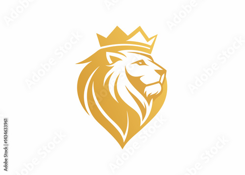 Majestic Golden Lion: A regal illustration showcases a gold lion adorned with a crown, exuding power and prestige, against a clean backdrop.