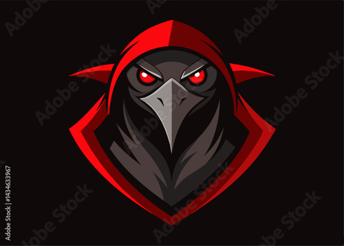 Raven Cloaked in Darkness: A mysterious raven with piercing red eyes, shrouded in a red cloak, emerges from the shadows, creating an atmosphere of enigma and power.