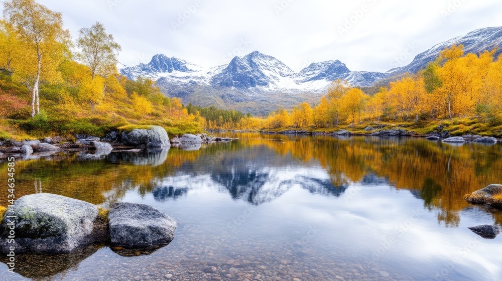 Fototapeta premium Autumnal alpine lake reflecting snow-capped peaks. Tranquil mountain scenery