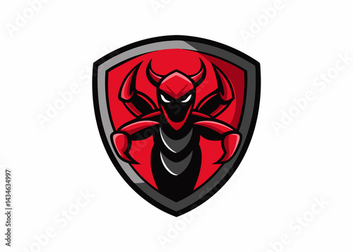 Red Ant Mascot Logo: A fierce red ant mascot with horns and claws is featured on a shield, creating a powerful and memorable logo design.  