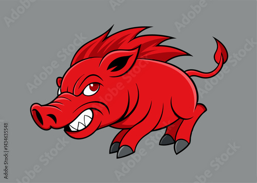 Red Wild Boar Cartoon: A bold and aggressive red wild boar with sharp teeth and fierce eyes charges towards the viewer in a cartoon illustration.