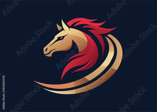 Golden Horse Emblem: A striking design of a golden horse silhouette with a vibrant red mane against a dark, elegant background. Evoking strength, speed, and elegance, it's perfect for branding. 