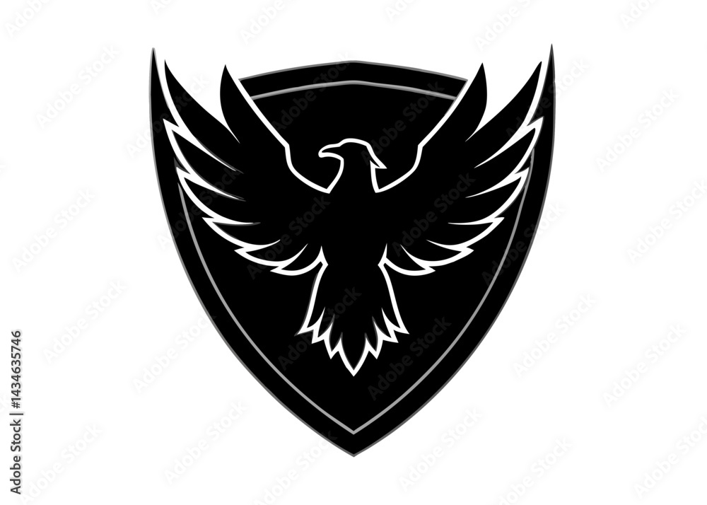 Fototapeta premium Shield and Eagle Emblem: A bold, graphic emblem featuring a stylized eagle silhouette within a shield. Perfect for branding, symbolizing strength and resilience. 
