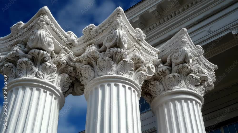 Close-up on ornate white Corinthian columns with detailed carving and bright blue sky background architecture