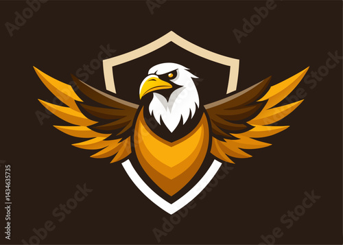 Eagle Symbol of Strength: A commanding bald eagle, wings outstretched in a powerful display, emblem of freedom and courage set against a shield, with an authoritative gaze and dynamic pose.