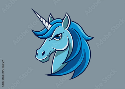 Enchanting Unicorn Illustration: A majestic blue unicorn portrait against a cool grey background. Its graceful horn and flowing mane, symbolizes grace and magic.