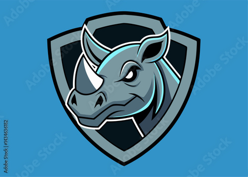 Rhino Emblem: A strong rhino is featured in a shield design. This is a symbol of power, protection, and the untamed spirit of the wild. This is an illustration.