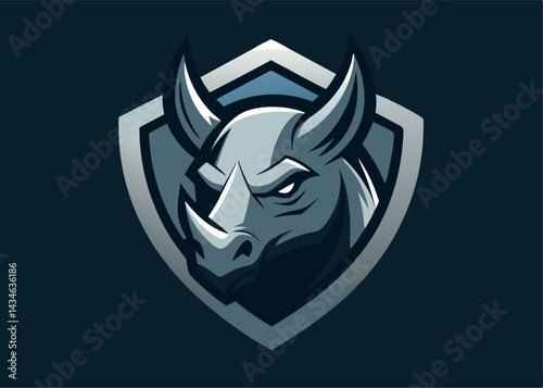 The Guardian of the Shield: A strong rhino portrait with an aggressive pose displayed in an illustrative, emblem-style layout