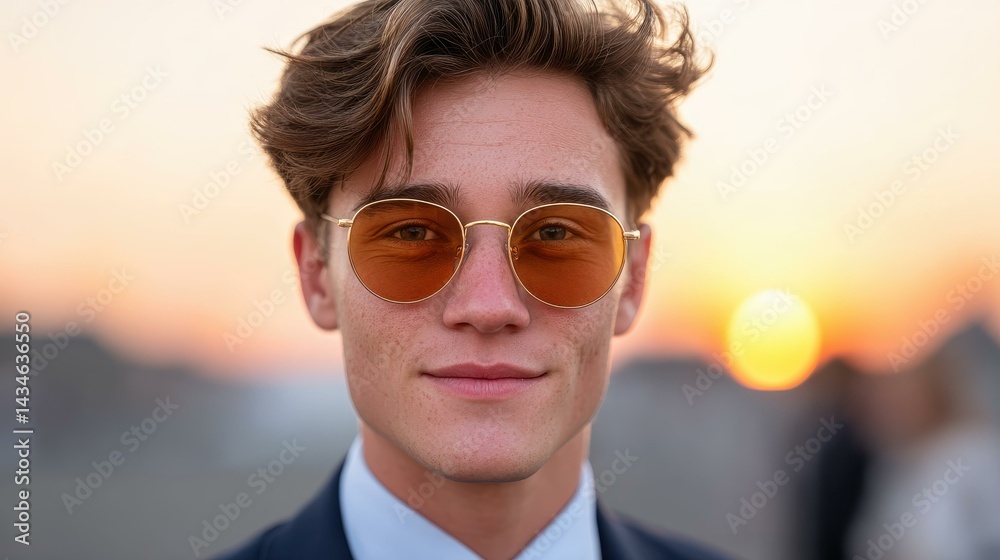 A stylish businessman in a crisp suit and cool sunglasses captures the essence of success against a stunning sunset backdrop.