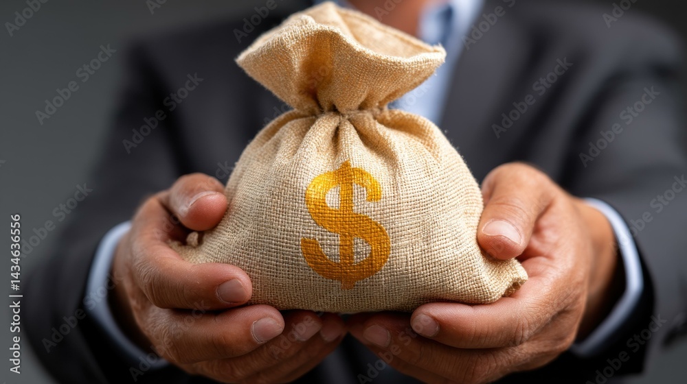 A savvy businessman displays a money bag, symbolizing dividend returns from smart investments in the stock market.