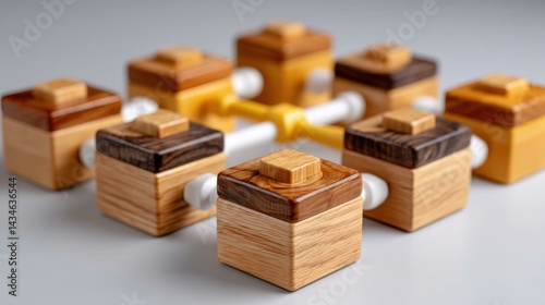 Enhance your workflow with visual automation using flowcharts created from wooden blocks on a clean white backdrop.