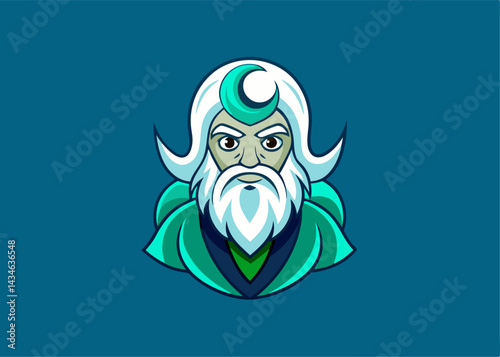 Mystic Moon: An enigmatic  wizard, adorned with a moon crescent, stares with penetrating eyes from a minimalist blue background, evoking an atmosphere of wisdom, mystery and enchantment.