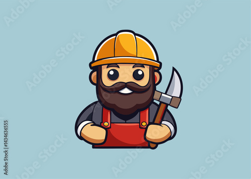 Hardworking Lumberjack Cartoon: A detailed cartoon illustration of a lumberjack wearing a protective helmet, holding his axe, stands ready for hard work. The image evokes strength and dedication