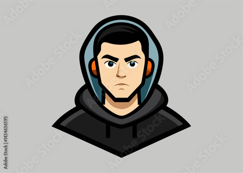 Serious Listener: A stylized, symmetrical illustration of a person, deep in focus, with headphones, and a hooded sweatshirt, perfect for use in any project about listening to something.