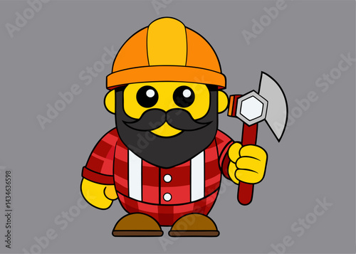 Lumberjack Cartoon with Axe: A playful lumberjack character, with a thick beard, sturdy helmet and holding a sharp axe, embodies the spirit of outdoors work and timber industry, it's playful.