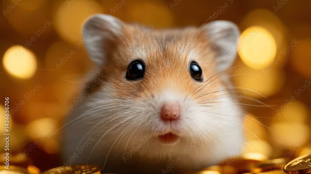 A cute hamster poses playfully amidst shiny gold coins, surrounded by a dreamy backdrop of vibrant bokeh lights.