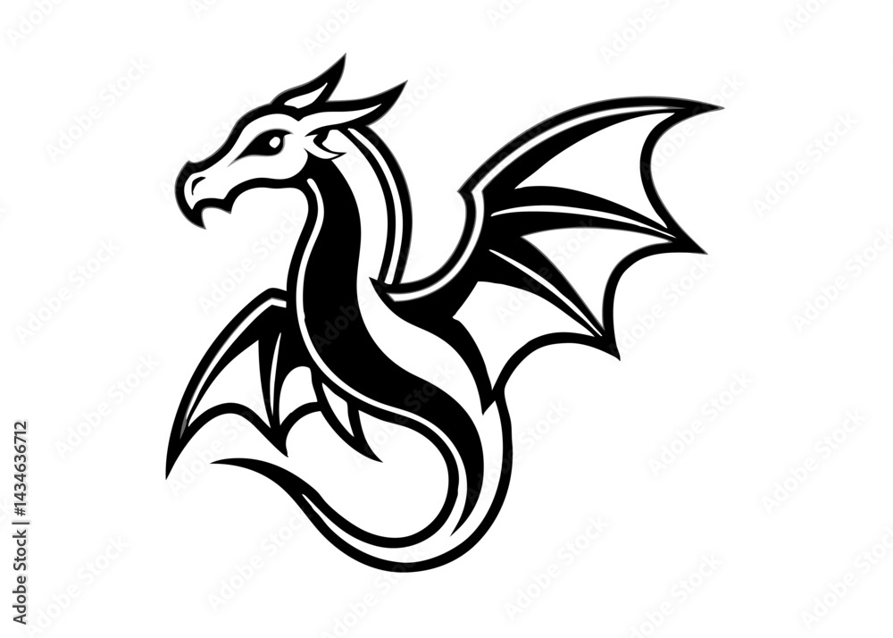 Fototapeta premium Majestic Dragon Silhouette: A stylized illustration of a dragon in a striking black and white, evoking ancient tales and fantasy worlds, ideal for adding a touch of mythical flair.