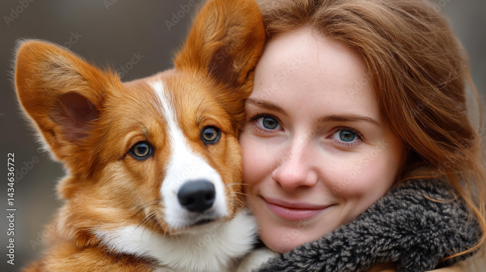 A joyful woman shares a warm hug with her corgi against a soft, blurred outdoor backdrop, radiating love and happiness.