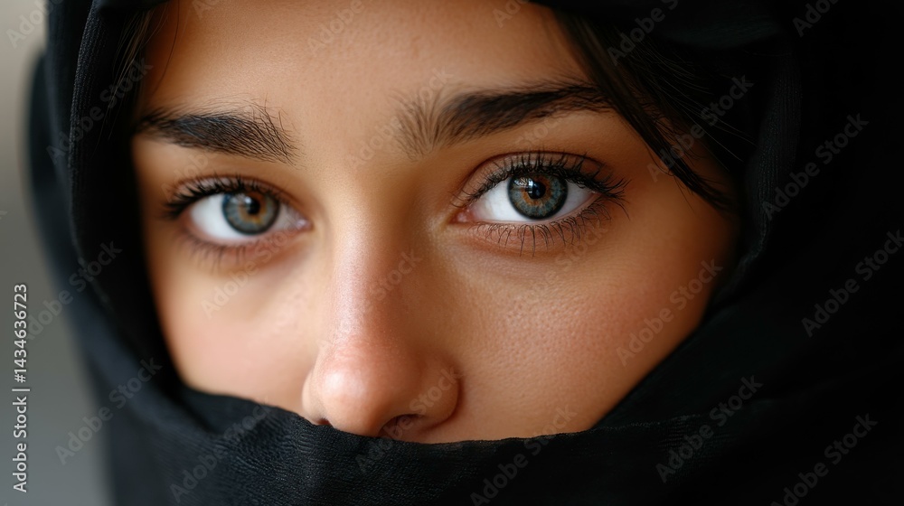 A captivating portrait of a Muslim teen girl with expressive eyes, elegantly adorned in a black niqab, exuding grace and charm.
