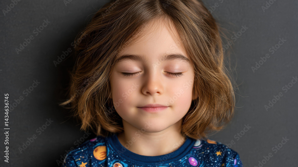 A sweet little girl peacefully sleeps, dreaming of the stars and galaxies above in a whimsical cosmic scene.