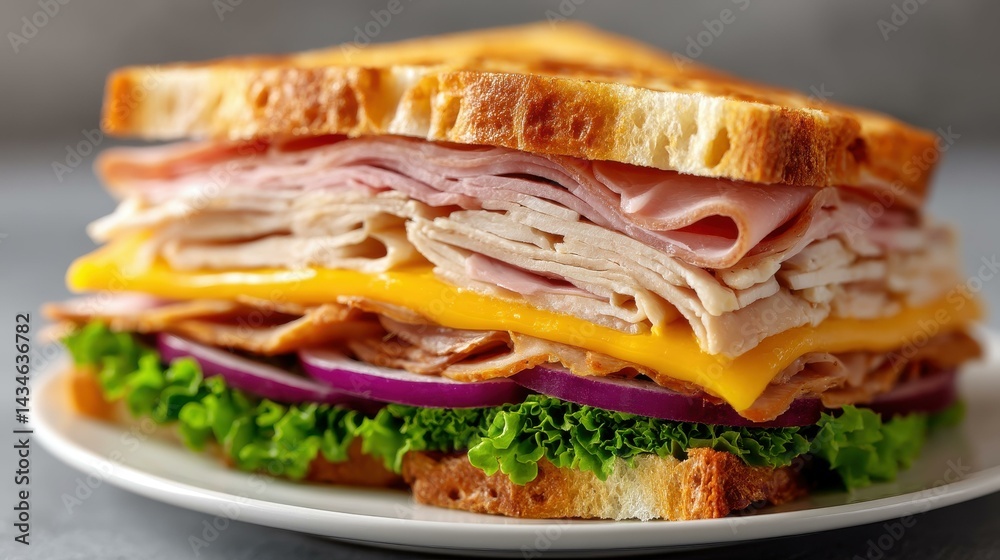 A mouthwatering classic club sandwich, brimming with layers of meat, cheese, and vibrant veggies on a crisp plate.