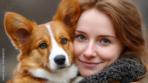 Obraz na płótnie A joyful woman shares a warm hug with her corgi against a soft, blurred outdoor backdrop, radiating love and happiness. w salonie