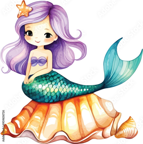Adorable Watercolor Mermaid Charming Sea Creature For Vector Graphics Childrens Illustration Fantasy Art