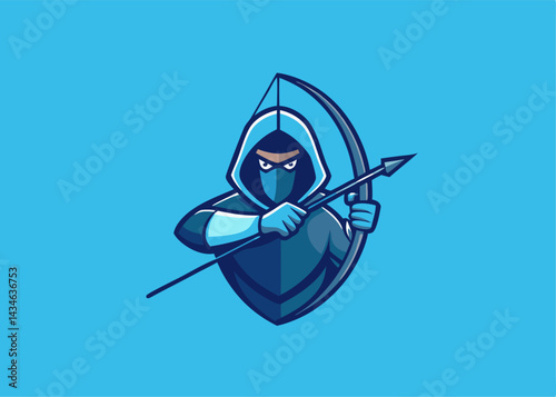 Stealthy Archer on Guard: A hooded archer, his face masked, draws back a bow aiming with precision against a cool blue backdrop. A symbol of determination and focus.