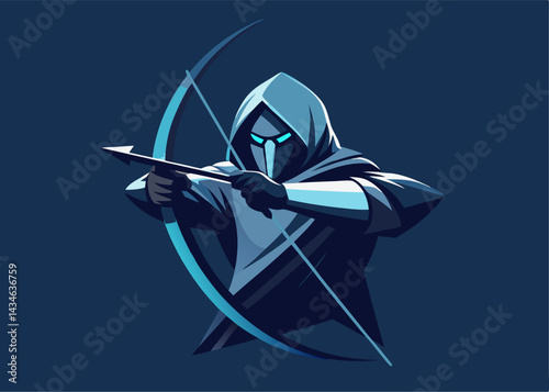 Mysterious Archer in Blue: A captivating illustration of a hooded figure, drawing back a bow in a display of precision and focus, creating a visual narrative of stealth and skill.