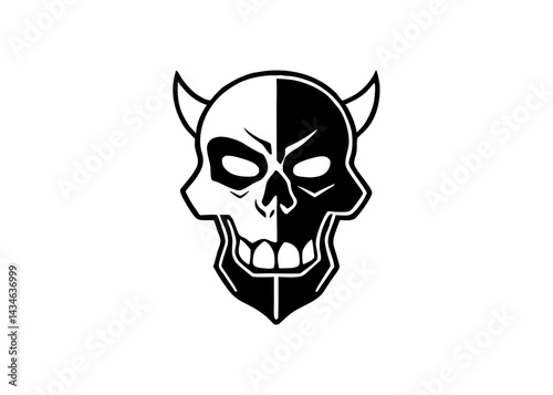 Devil Skull Graphic:Half devil half skull illustration, black and white graphic design, demonic skull, skull art, evil skull, scary skull, halloween skull, devil horns, dark art, gothic art.