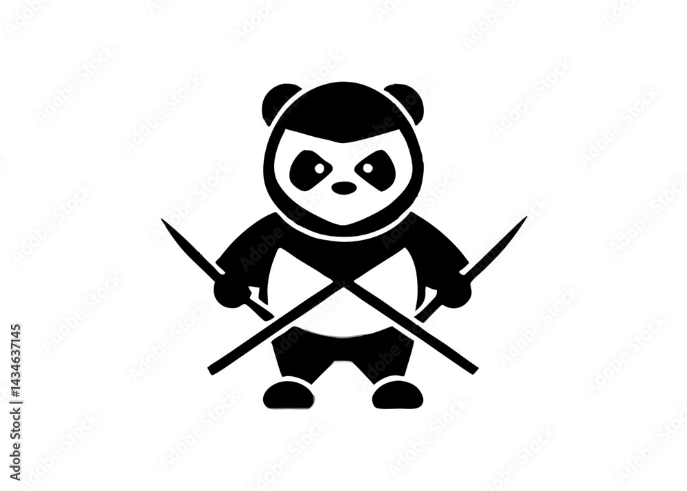 Fototapeta premium Kung Fu Panda Icon: A fierce yet cute panda bear cartoon character, ready for action with crossed bamboo sticks.