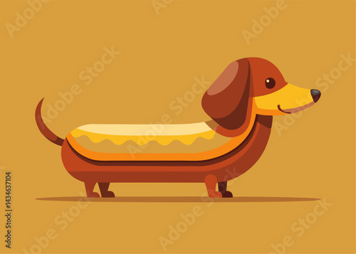 Dachshund Hotdog Delight: A whimsical cartoon showcases a playful dachshund seamlessly blended with a hotdog, exuding a fun and friendly vibe.