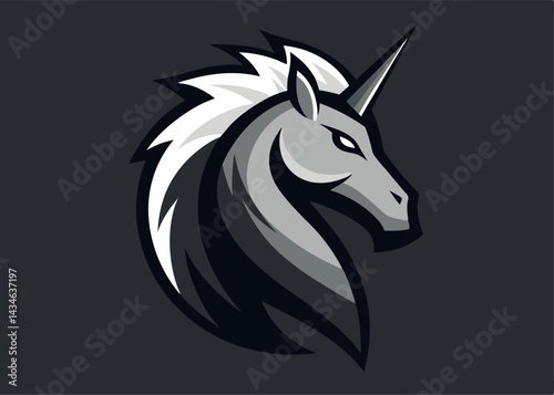 Mystical Unicorn Emblem: A majestic unicorn is showcased in a stylized logo, its silhouette, exuding power and grace. This emblem, a symbol of myth and fantasy, and stands for strength and elegance